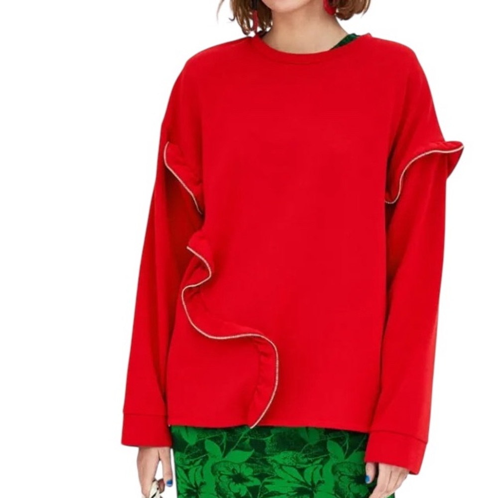 Zara Medium Red Oversized Sweatshirt Ruffles with Zippers Comfy